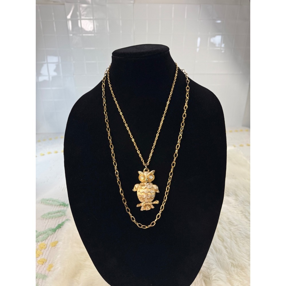 Vintage Gold Tone Layered Owl Pendant Necklace‎ Faux Opal Eyes Whimsical Jewelry